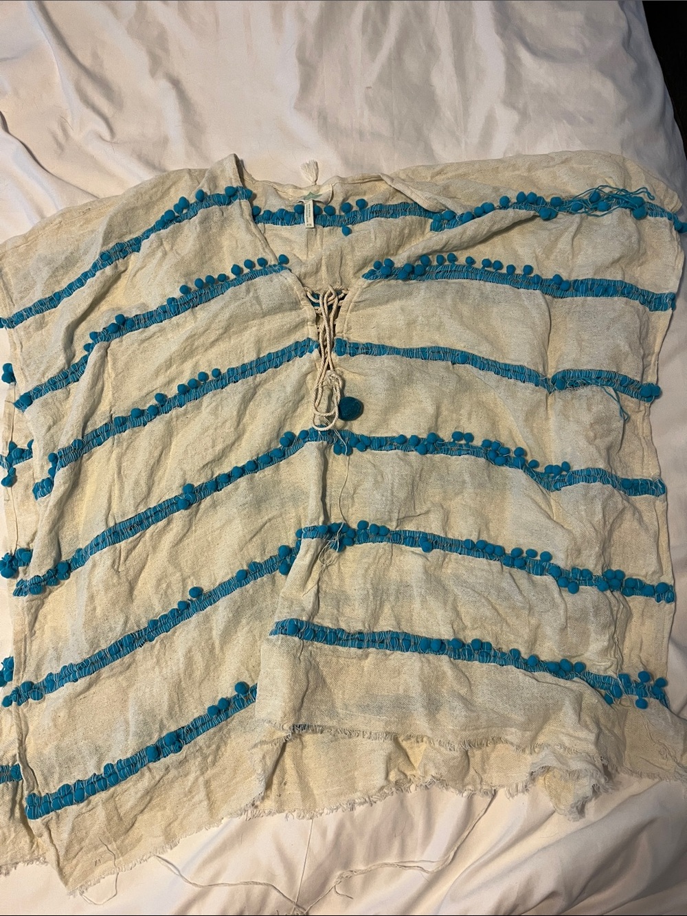 Cream Swim Coverup Tunic with Turquoise Pom Trim